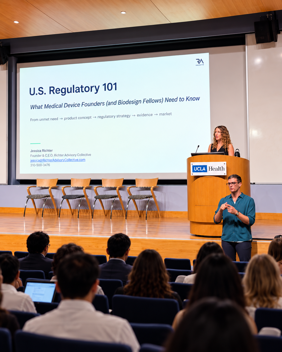 Jessica Richter presenting U.S. Regulatory 101 to UCLA Biodesign Fellows at UCLA Health